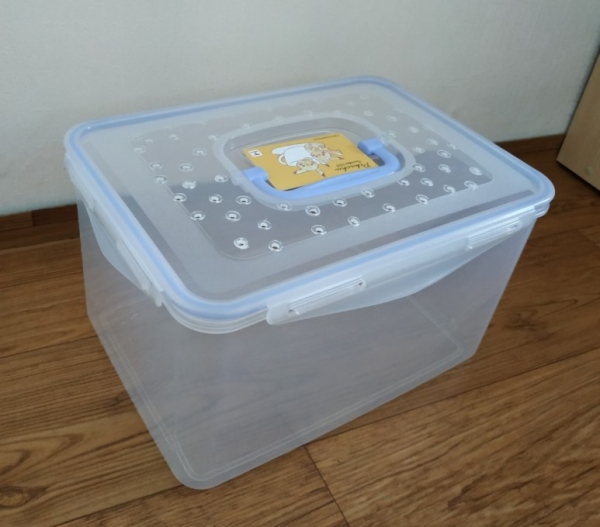 사진 = 플라스틱 밀폐 용기로 DIY 이동장을 만들때는 뚜껑에 구멍을 넉넉하게 뚫어주어야 합니다.